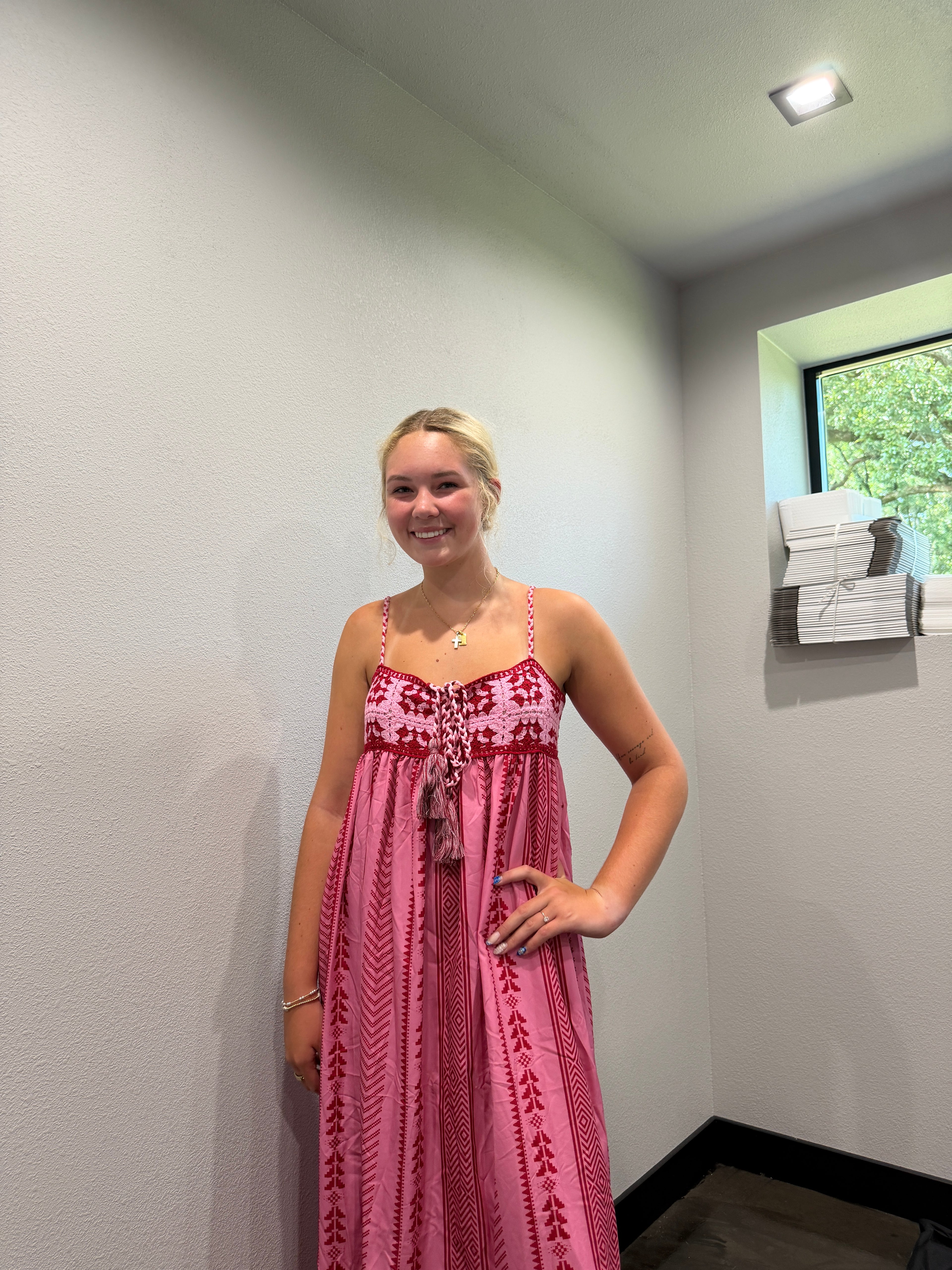Graphic Pleated Strappy Maxi Dress