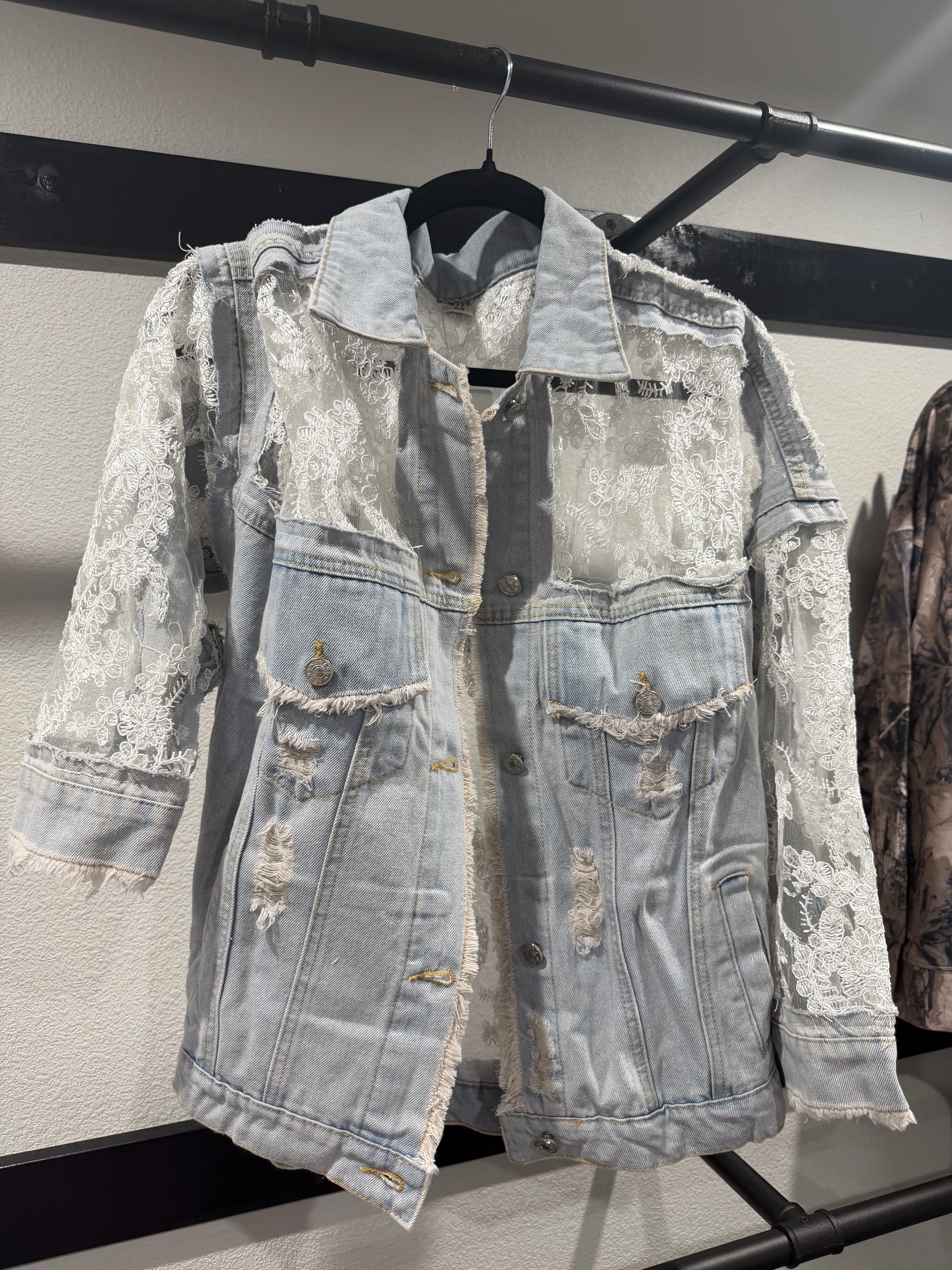 Sheer Floral Lightweight Embroidered Lace Denim Jacket