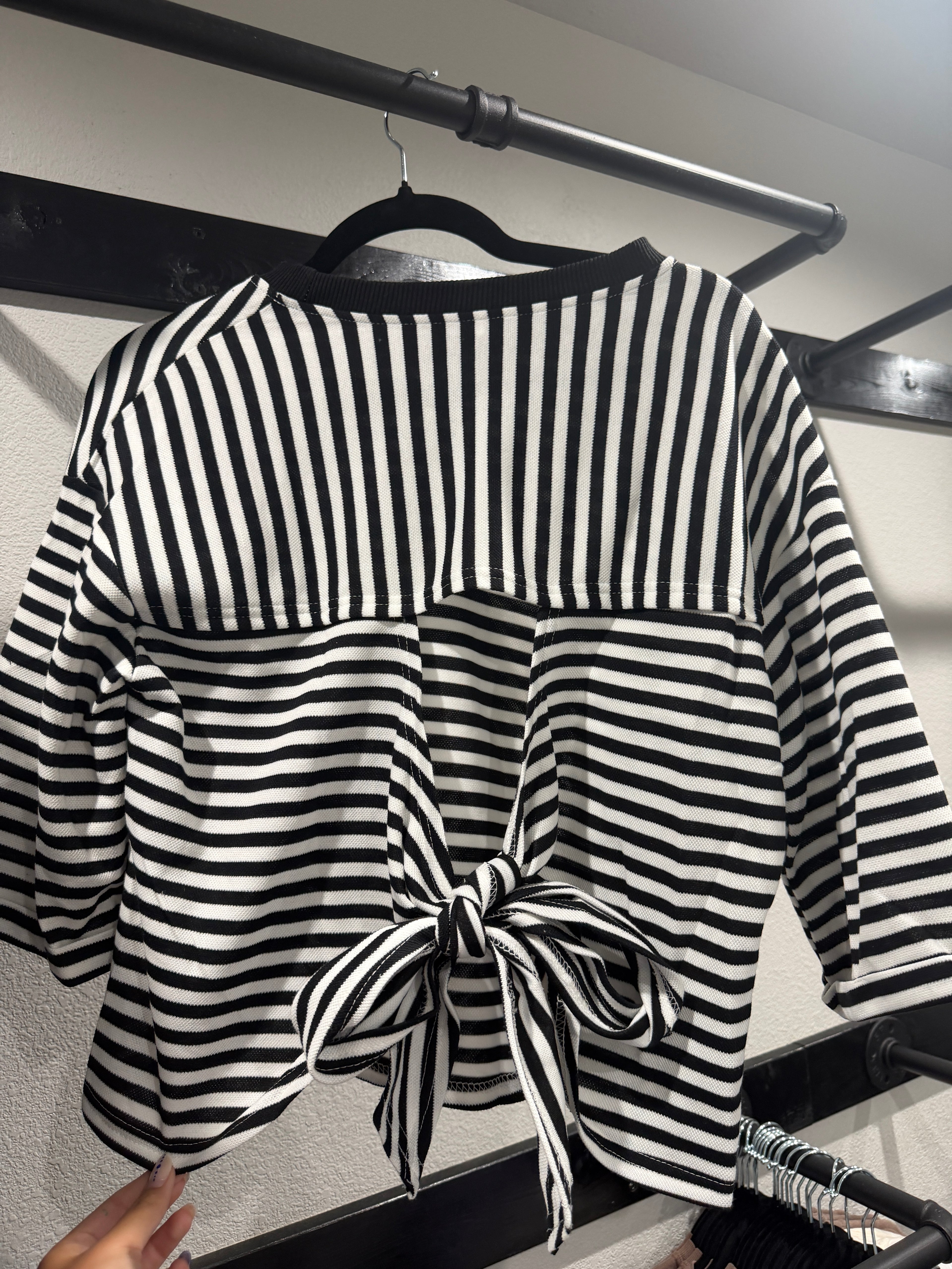 Black Striped Knit Back Bow Tie Open Back Top