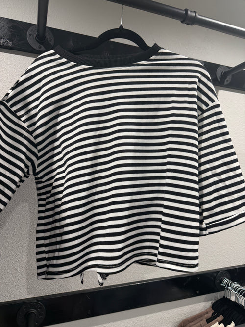 Black Striped Knit Back Bow Tie Open Back Top