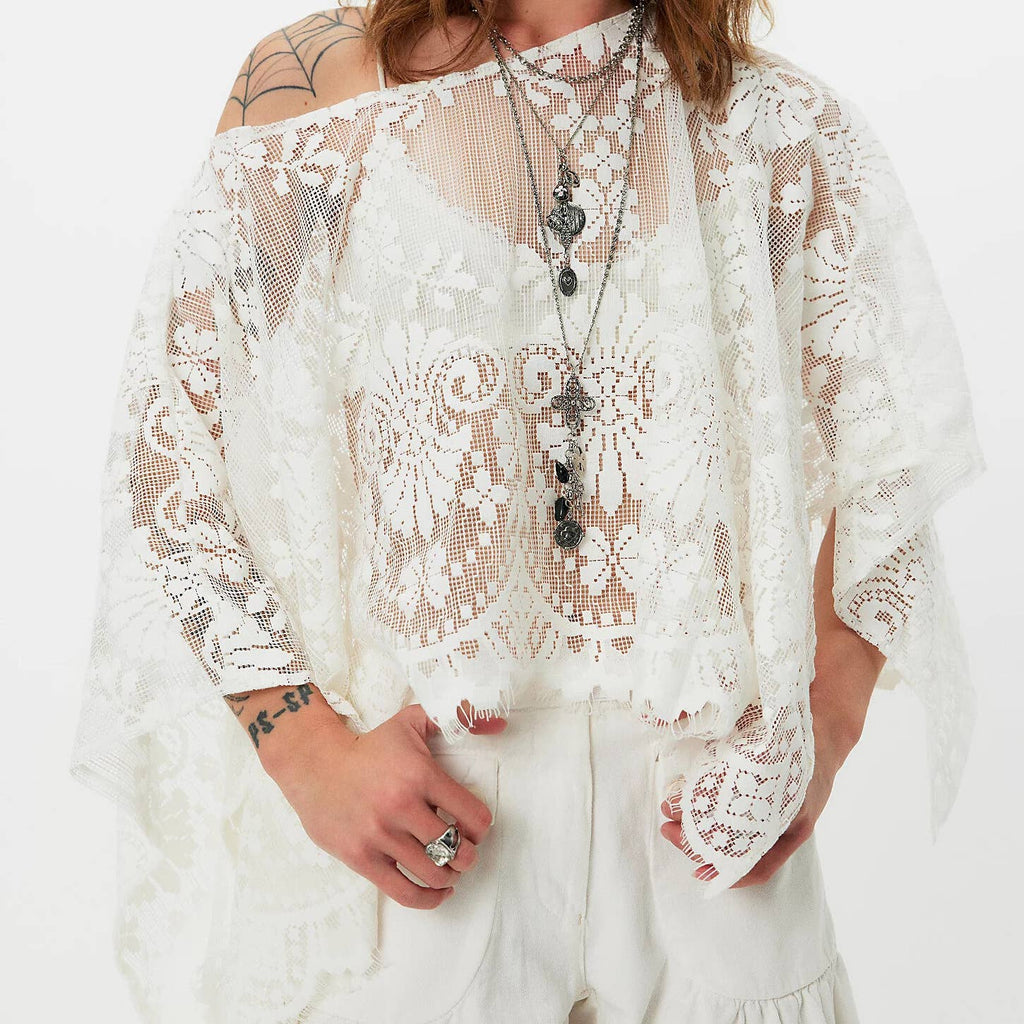 Boho Western Lace Floral Sheer Short Poncho Top