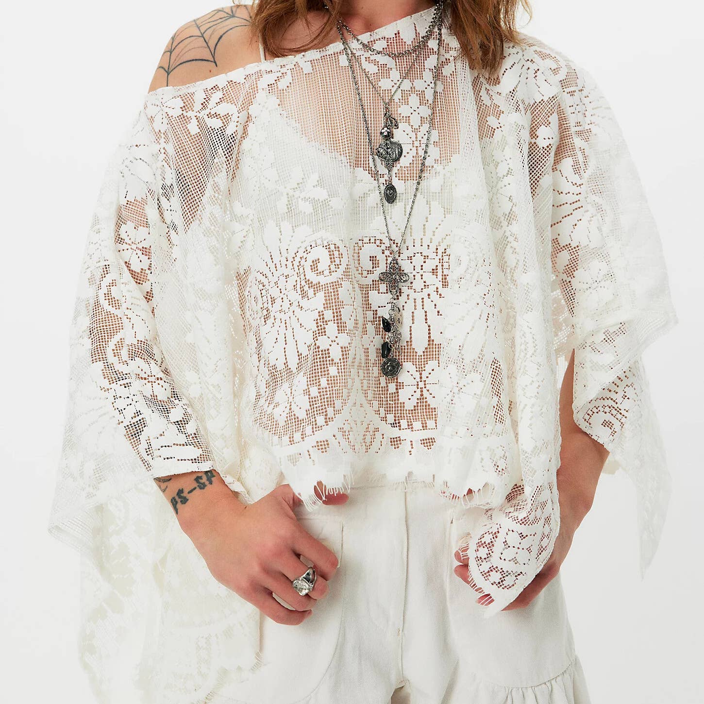 Boho Western Lace Floral Sheer Short Poncho Top