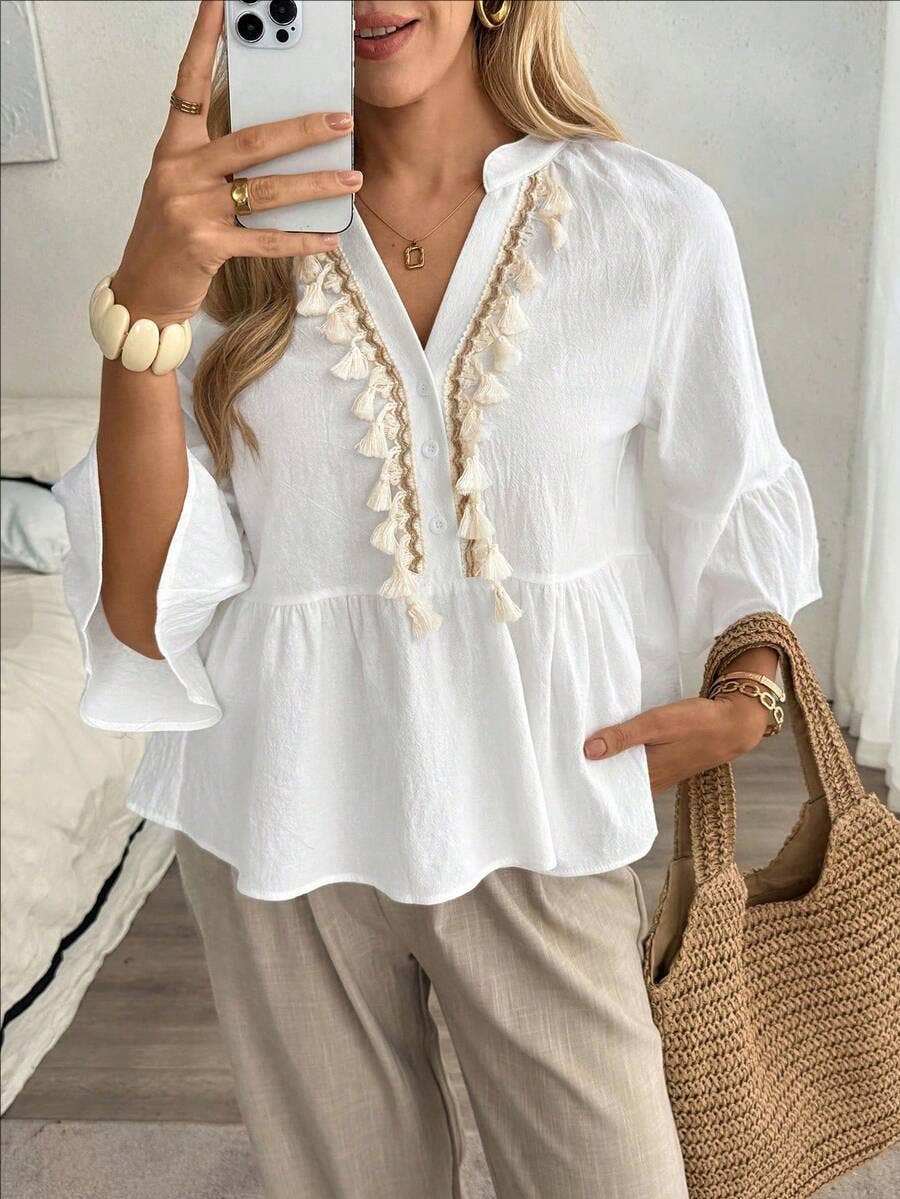 Boho Tassel V Neck Blouse