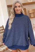 66 Stripe Mock Neck Pullover Matching Shorts Set (S-XL): Blue Stripe / L