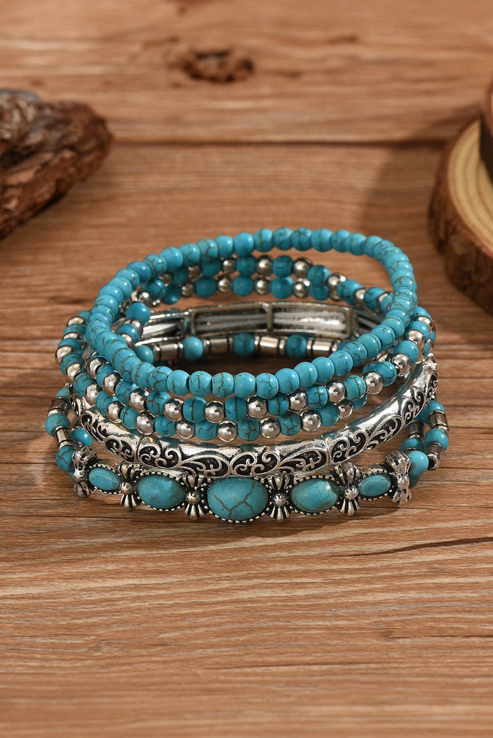 Western Turquoise Beaded Silver 5 Piece Layered Bracelets