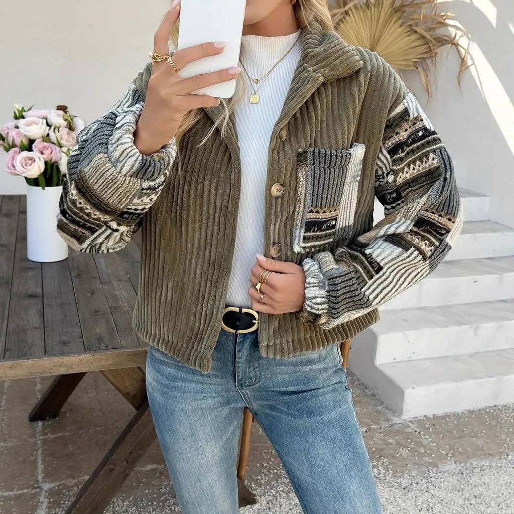 Western Aztec patchwork fleece button-up jacket