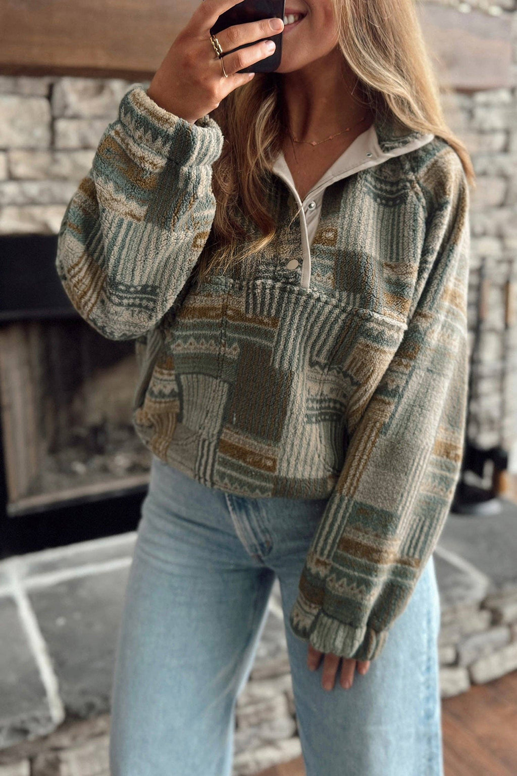 Green Western Print Fleece Pullover Sweatshirt
