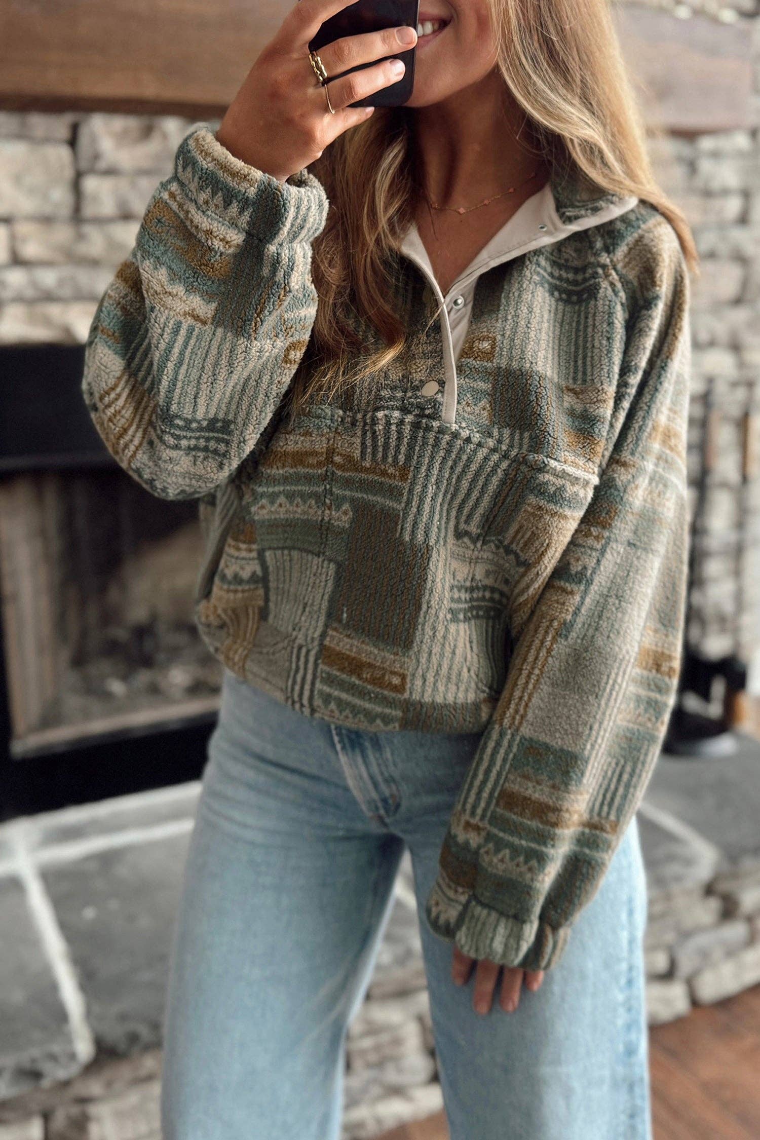 Green Western Print Fleece Pullover Sweatshirt