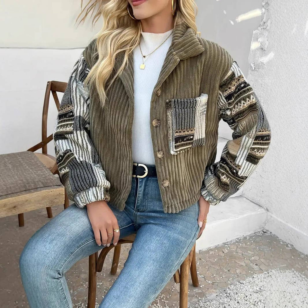 Western Aztec patchwork fleece button-up jacket