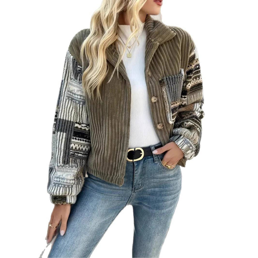 Western Aztec patchwork fleece button-up jacket