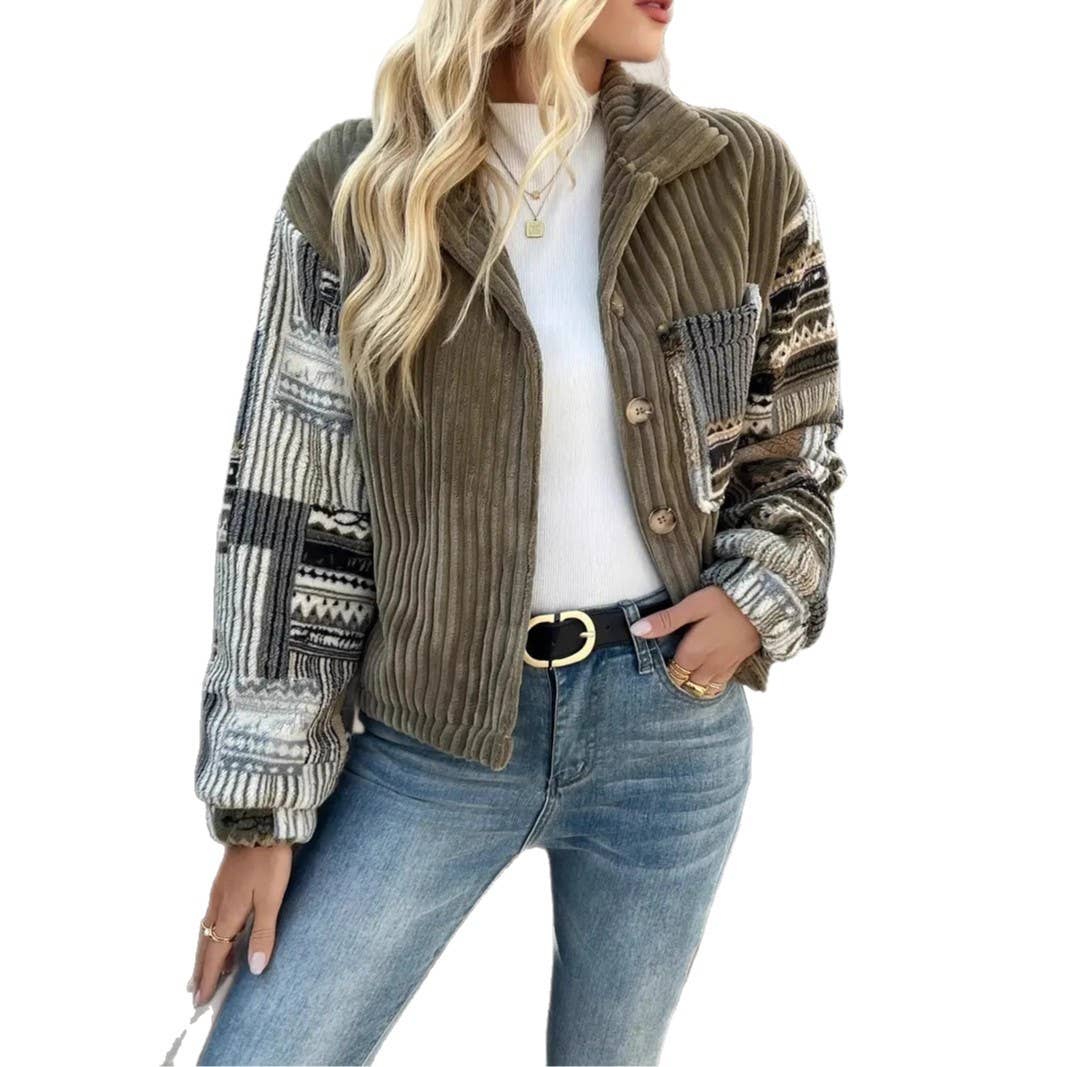 Western Aztec patchwork fleece button-up jacket