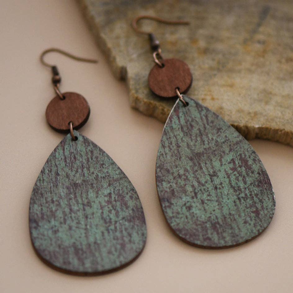 Boho Printed Wood Teardrop Earrings