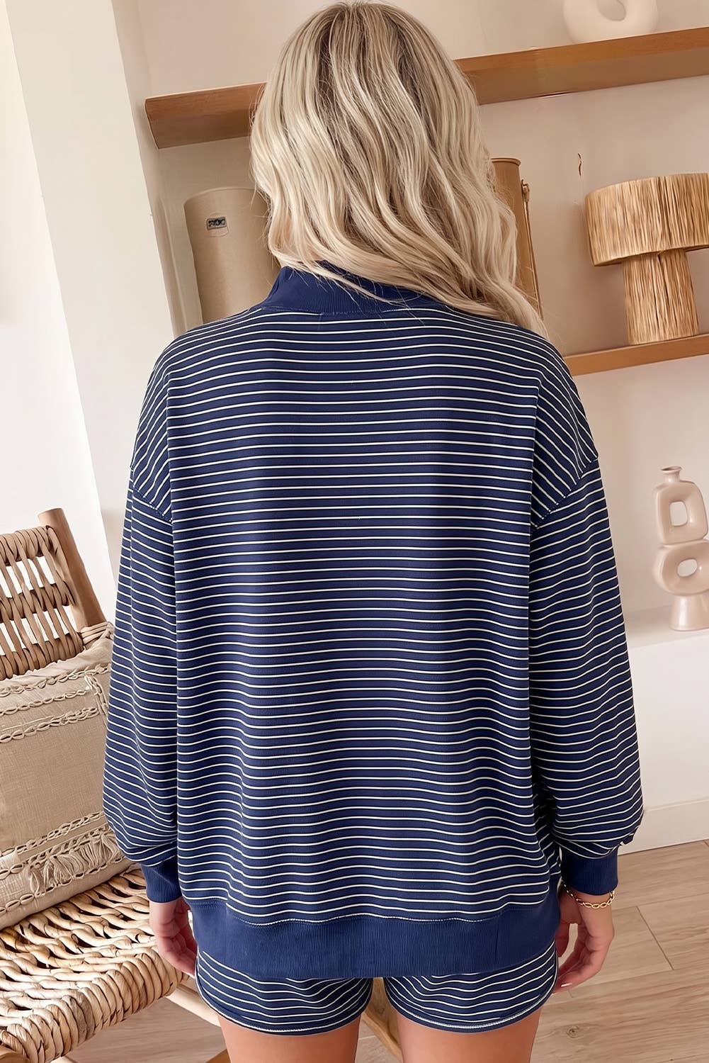 66 Stripe Mock Neck Pullover Matching Shorts Set (S-XL): Blue Stripe / M